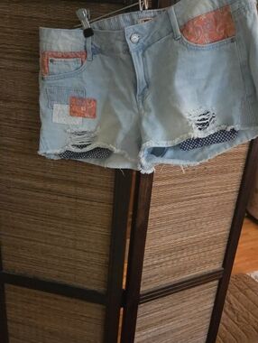 Light Wash Denim Patchwork Distressed Shorts - Orange Accent